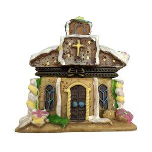 Ceramic Hinged Gingerbread Church Cookie House Christmas Trinket Box 2.5”